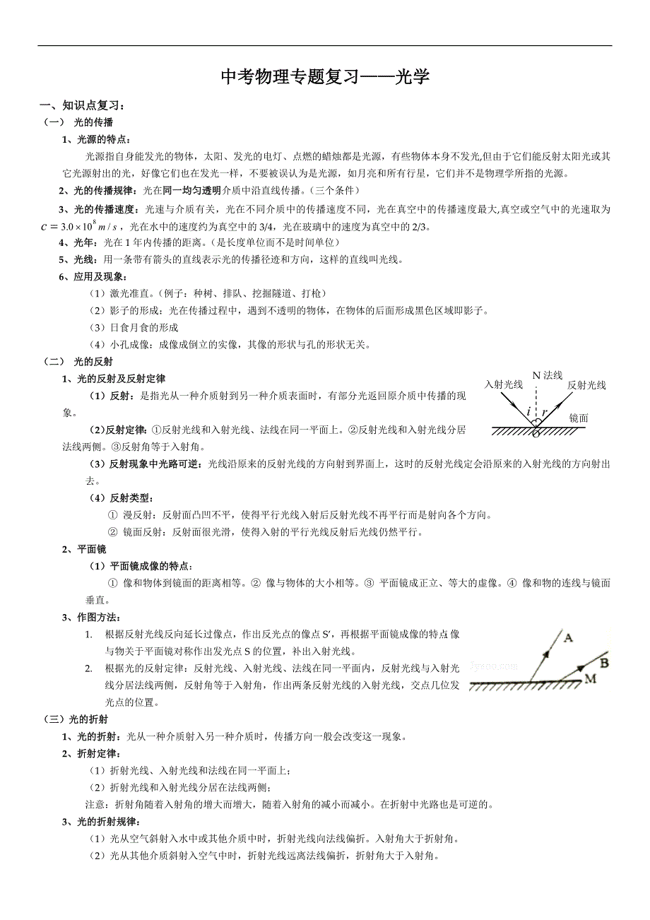 中考物理复习专题——光学(教师版)(可编辑修改word版)_第1页