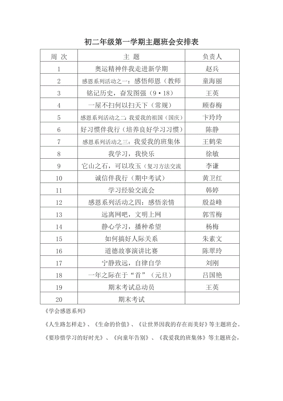 初二年级第一学期主题班会安排表_第1页