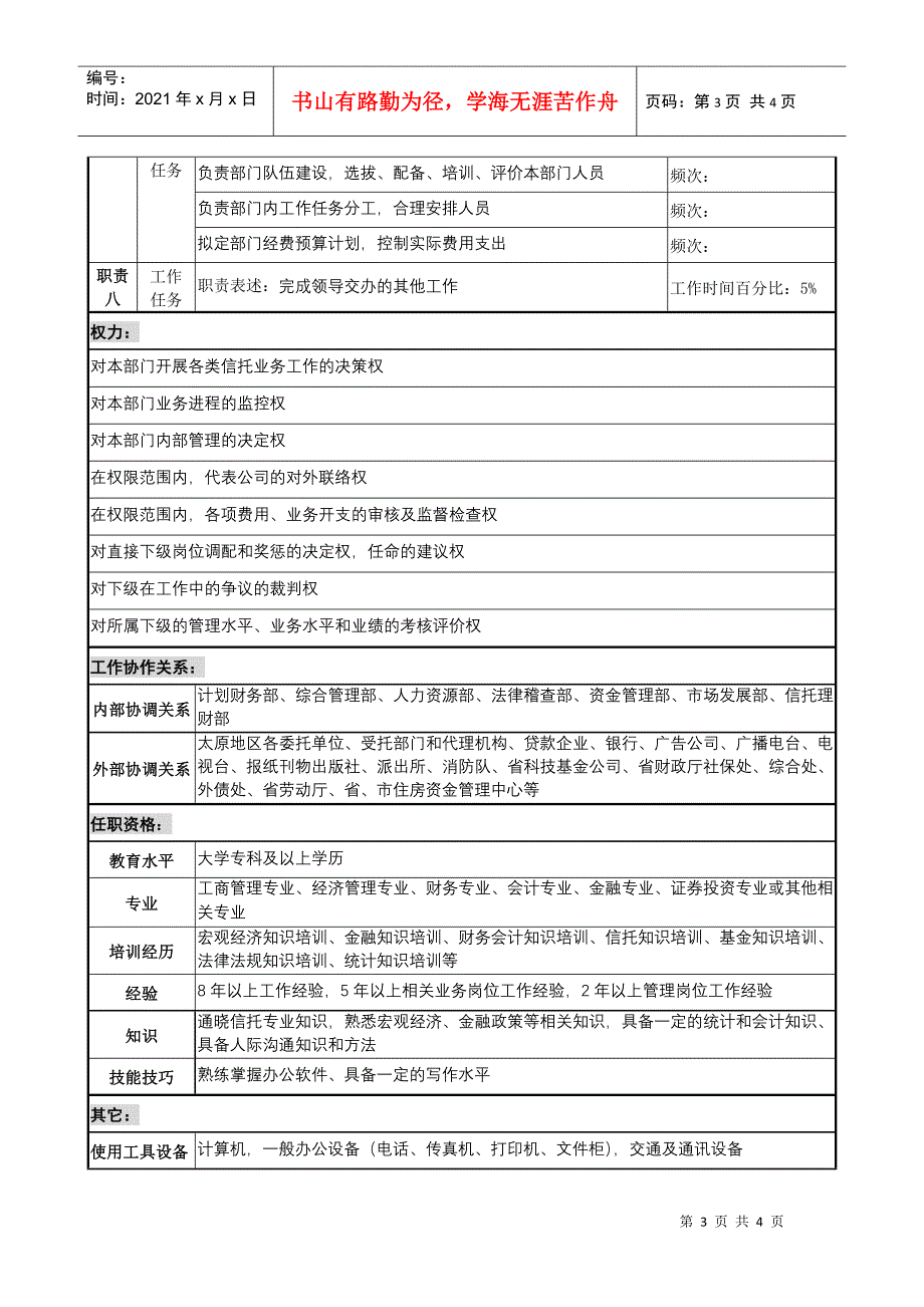 投资公司地市信托部经理职务说明书_第3页