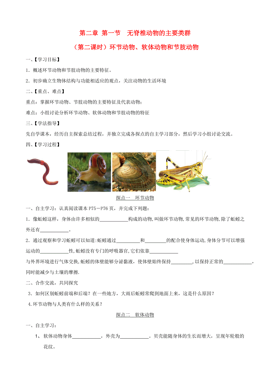 七年级生物上册第二单元第二章第一节无脊椎动物的主要类群学案1无答案济南版_第1页