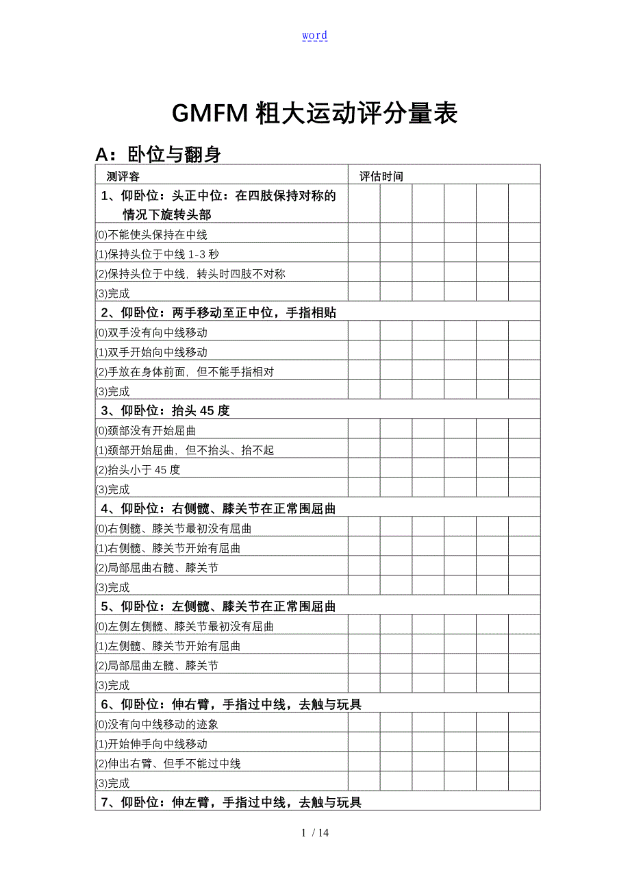 GMFM88项粗大运动评分量表格_第1页