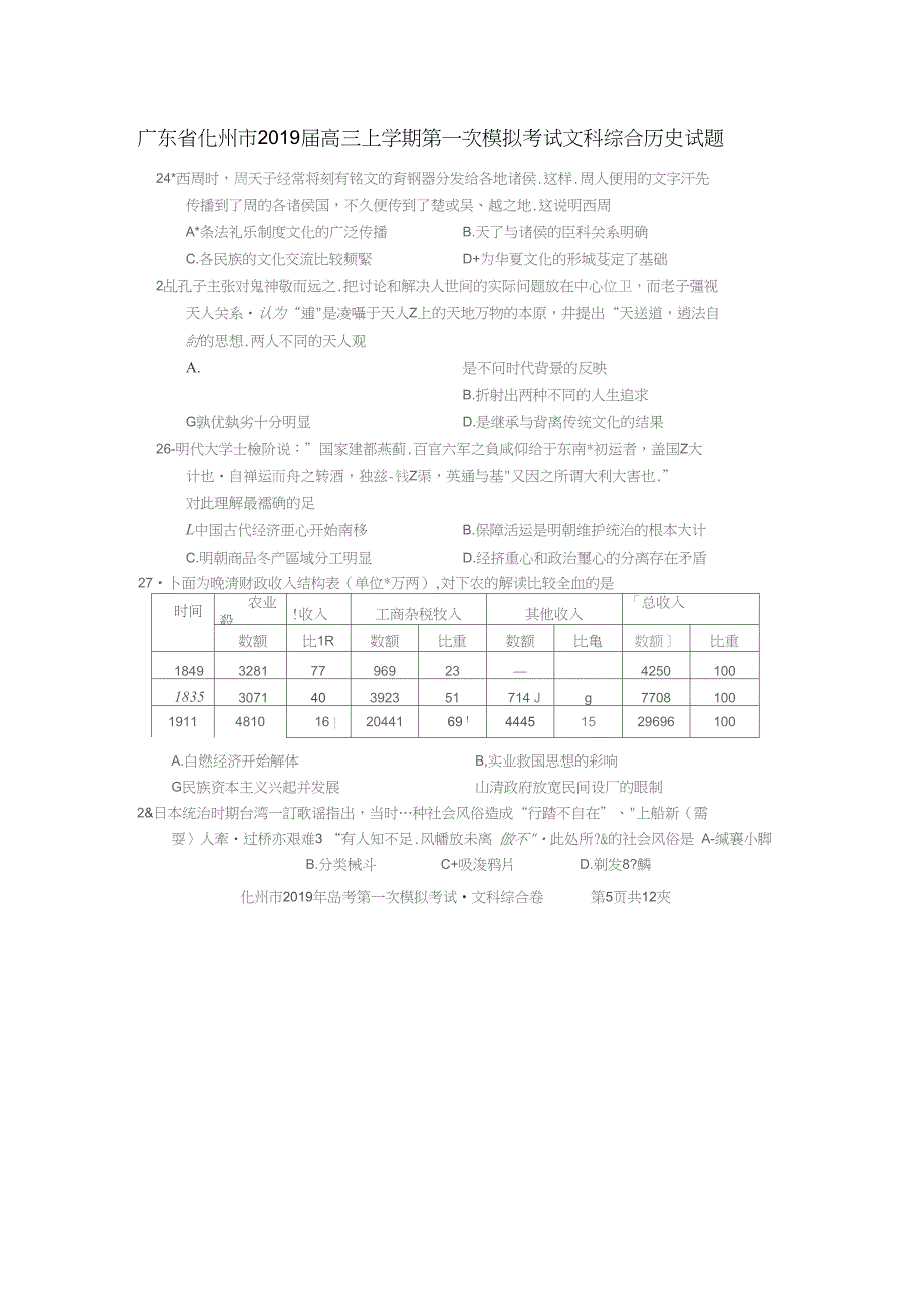 广东省化州市高三历史上学期第一次模拟考试试题扫描版_第1页