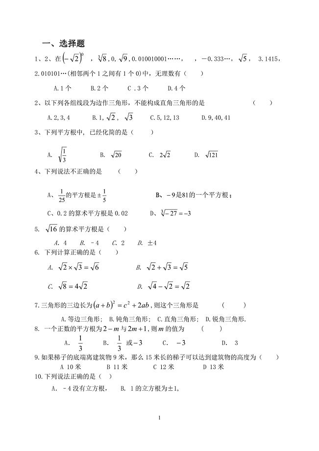 北师大版八年级数学上册期中测试卷(1)