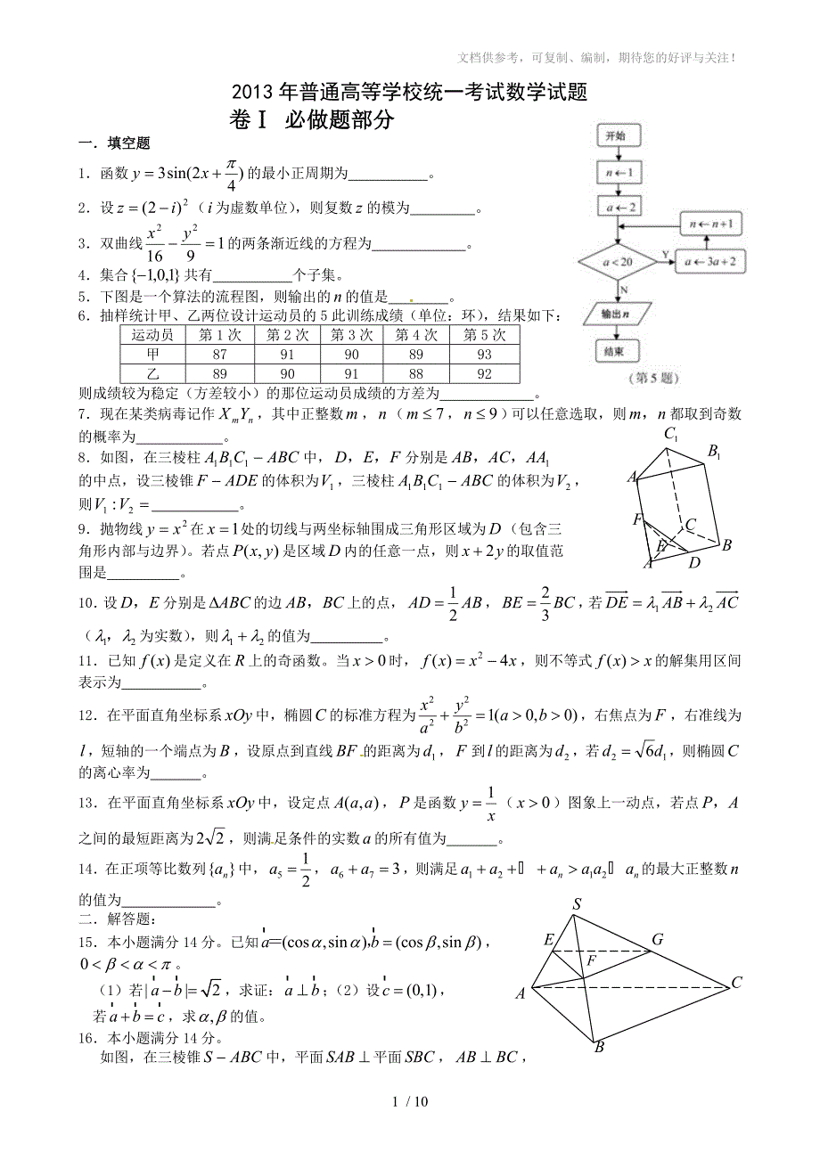 2013年高考江苏卷数学(理)试卷及答案_第1页