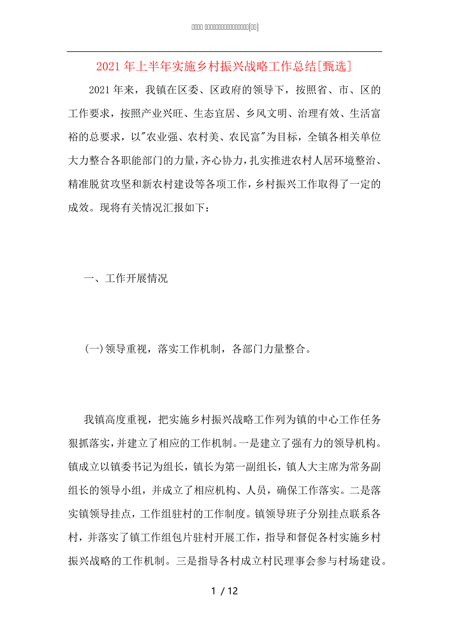 2021年上半年实施乡村振兴战略工作总结_第1页