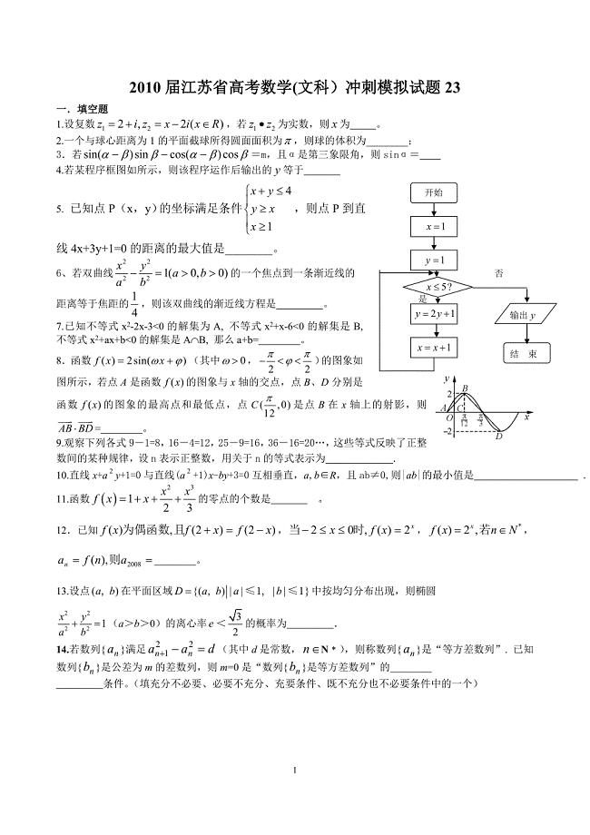 2010届江苏省高考数学(文科)冲刺模拟试题23