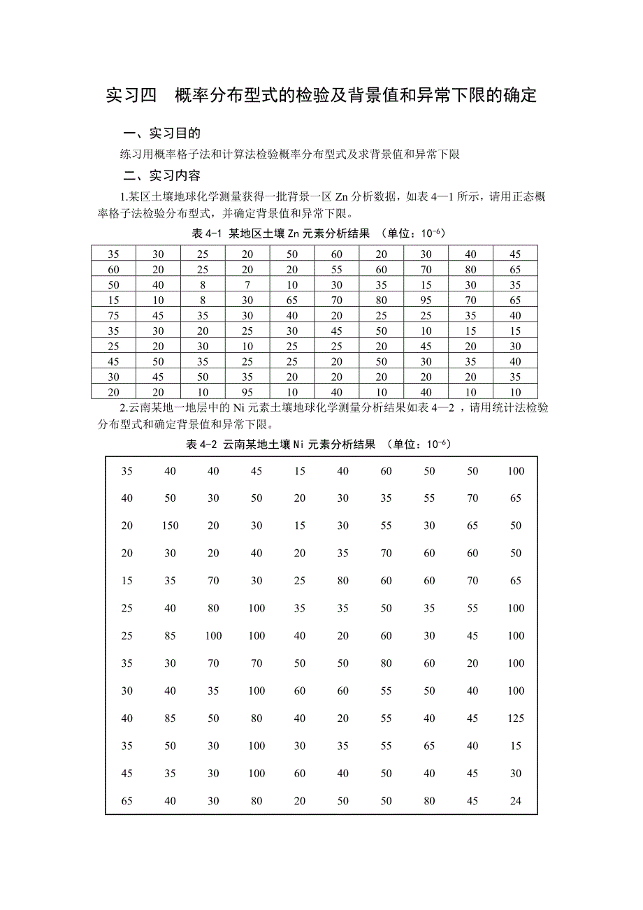 成都理工大学-应用地球化学实验-概率分布型式的检验及背景值和异常下限的确定.doc_第1页