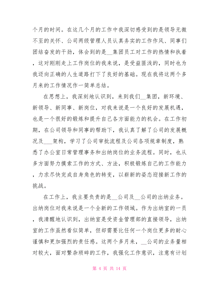 2022出纳试用期转正工作总结_第4页