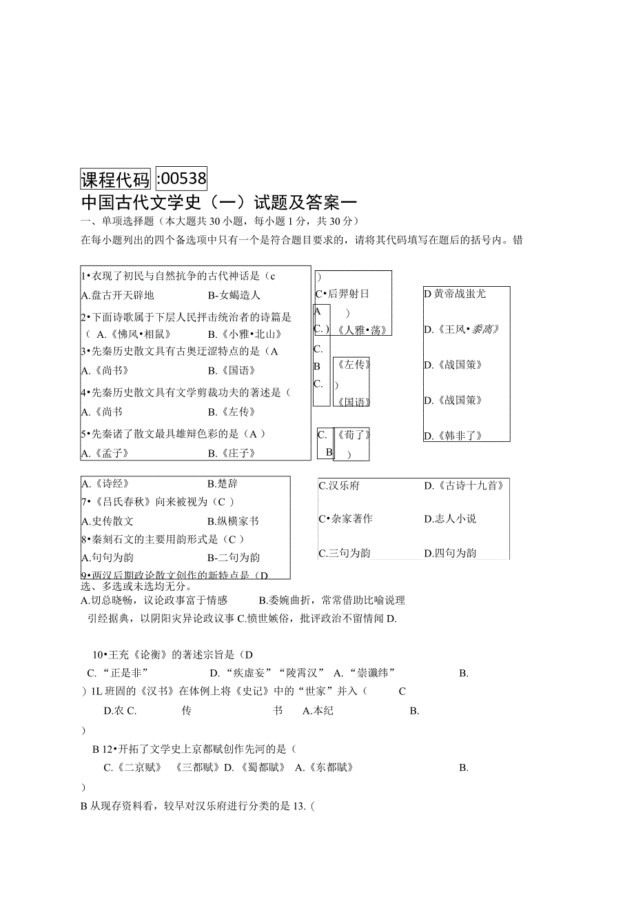 全国4月自学考试中国古代文学史试题学习资料_第1页