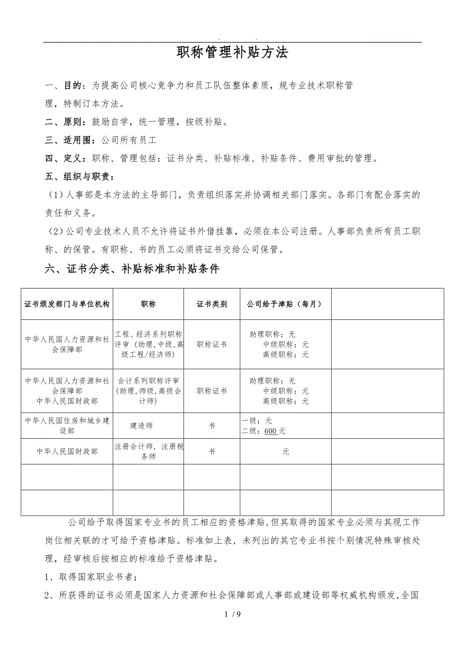职称管理补贴办法_第1页