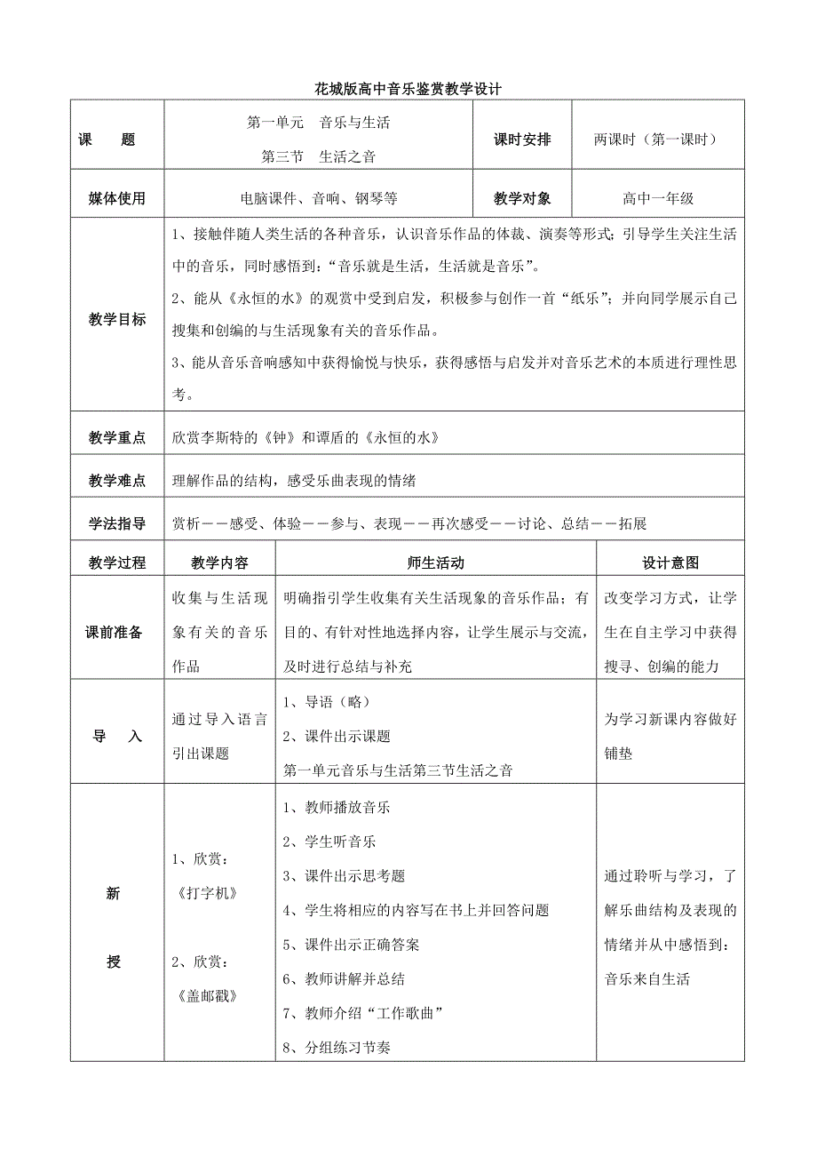 高中音乐鉴赏《生活之音》教学设计.doc_第1页