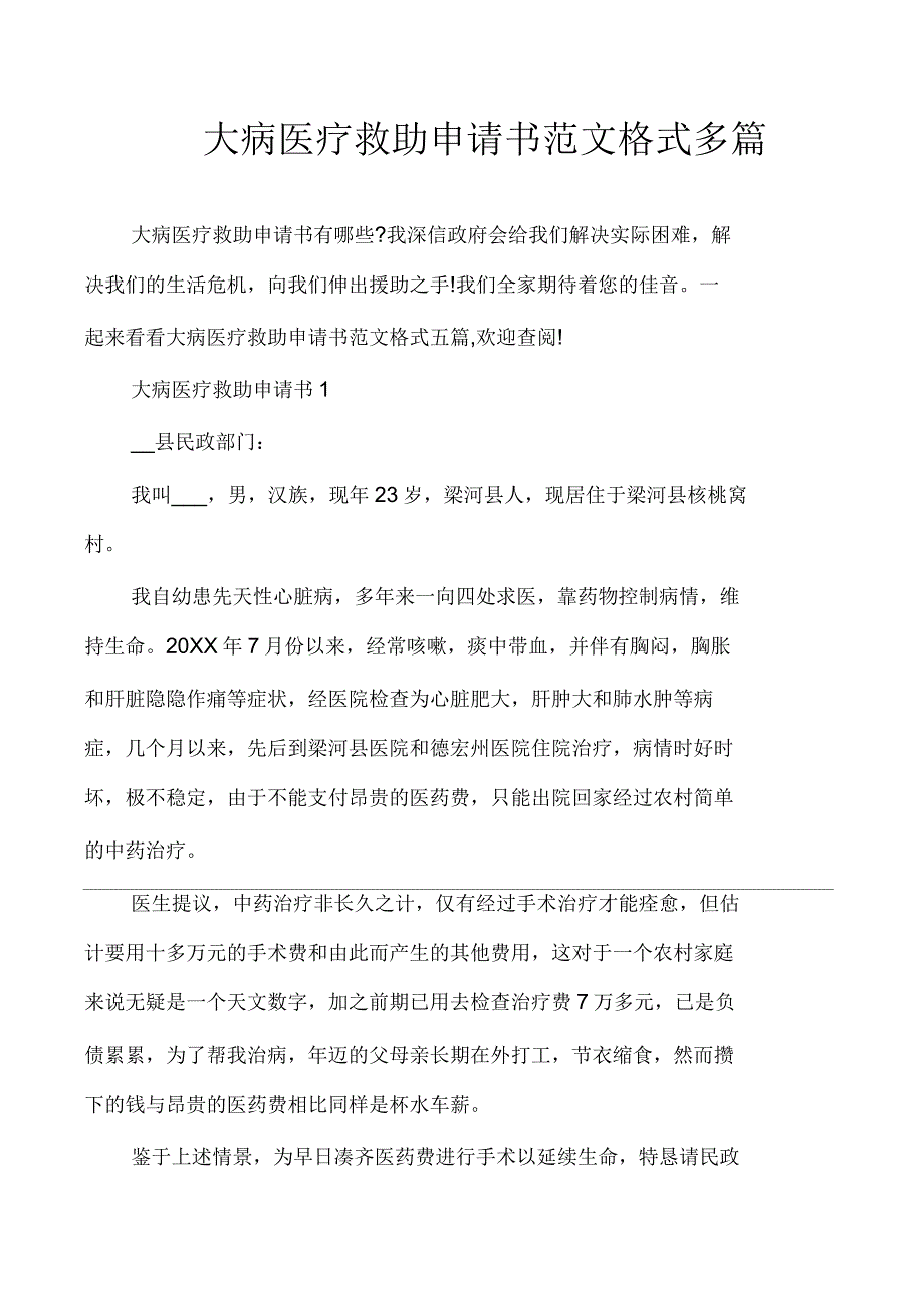 大病医疗救助申请书范文格式多篇_第1页