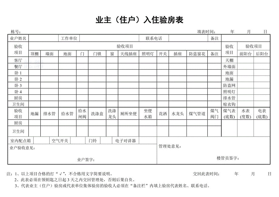 【物业管理装修入户表格】业主（住户）入住验房表_第1页