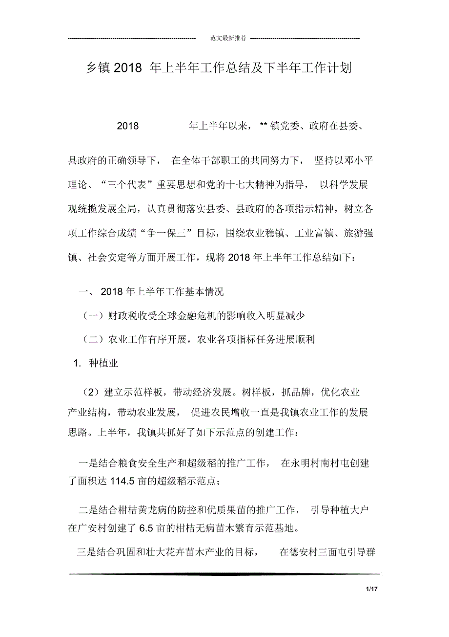 乡镇2018年上半年工作总结及下半年工作计划_第1页