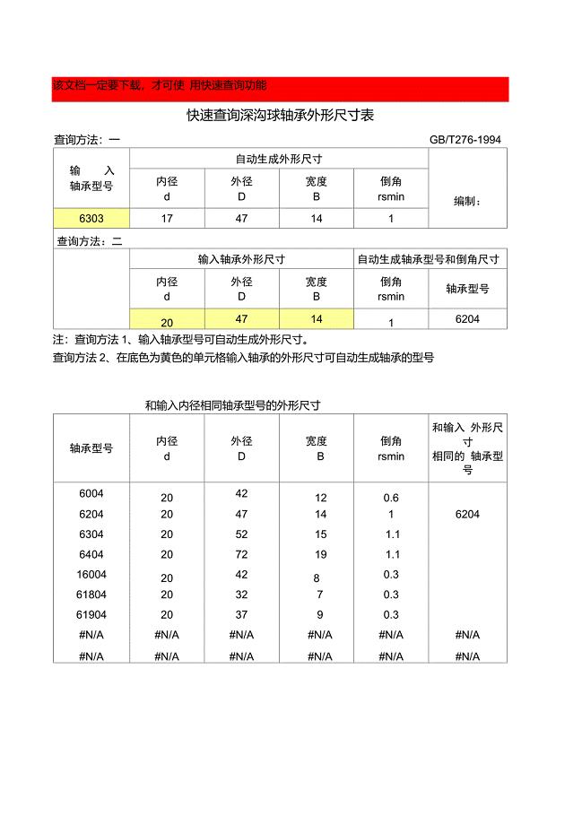 查询深沟球轴承尺寸