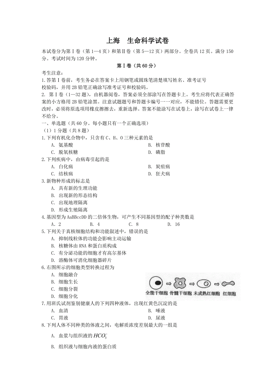 2009年高考上海卷(生物)试题及答案_第1页