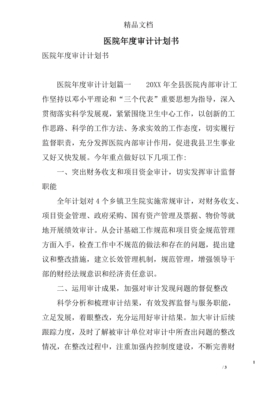 医院年度审计计划书_第1页