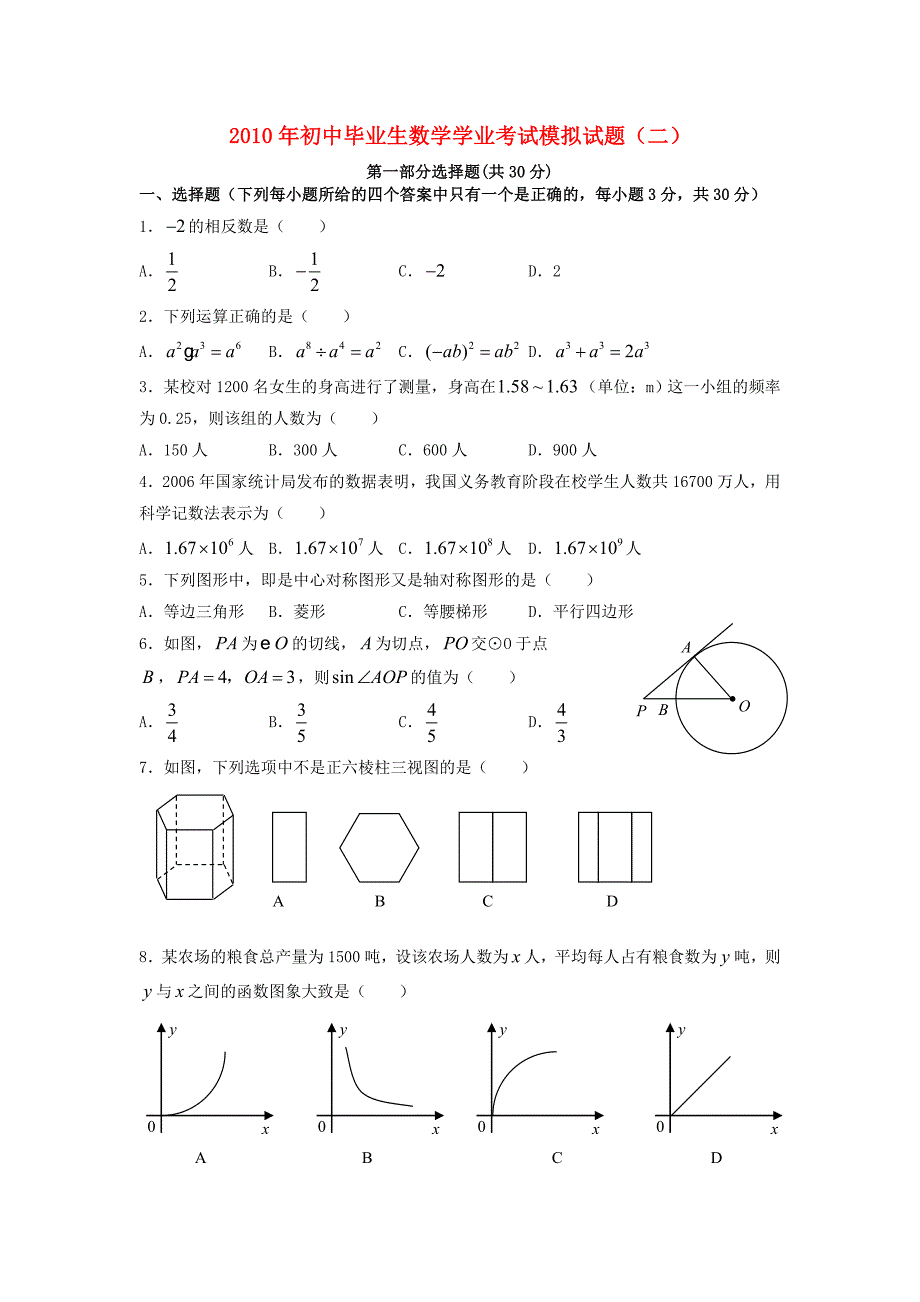 2010年初中数学毕业生学业考试模拟试题（二）_第1页