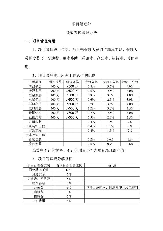 项目经理部绩效考核指标制度