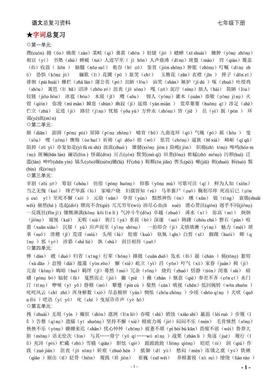 人教版七年级下册语文复习资料_第1页