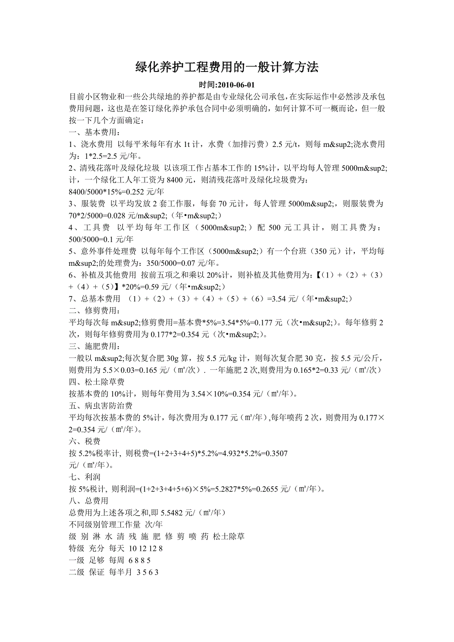 绿化养护工程费用的一般计算方法_第1页