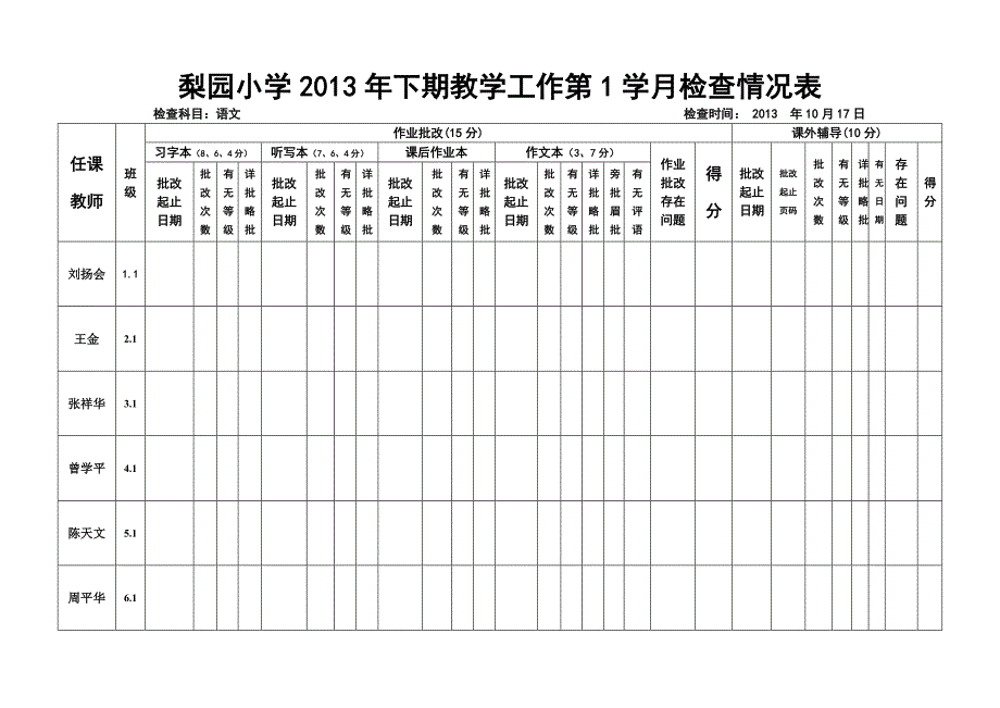 教学学月检查情况表(语文)_第1页