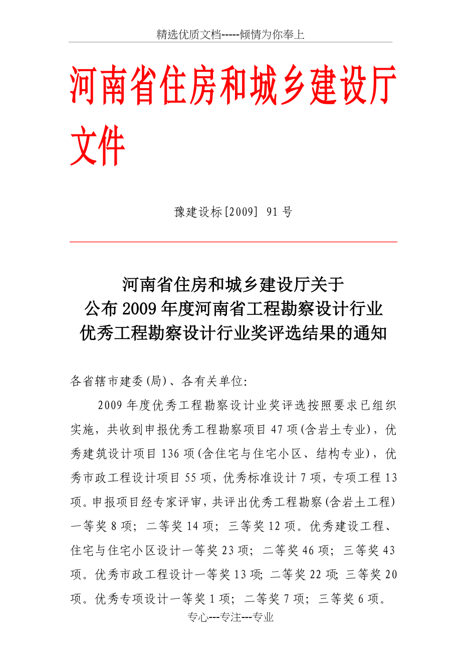 河南2009优秀工程勘察设计行业奖评选结果_第1页