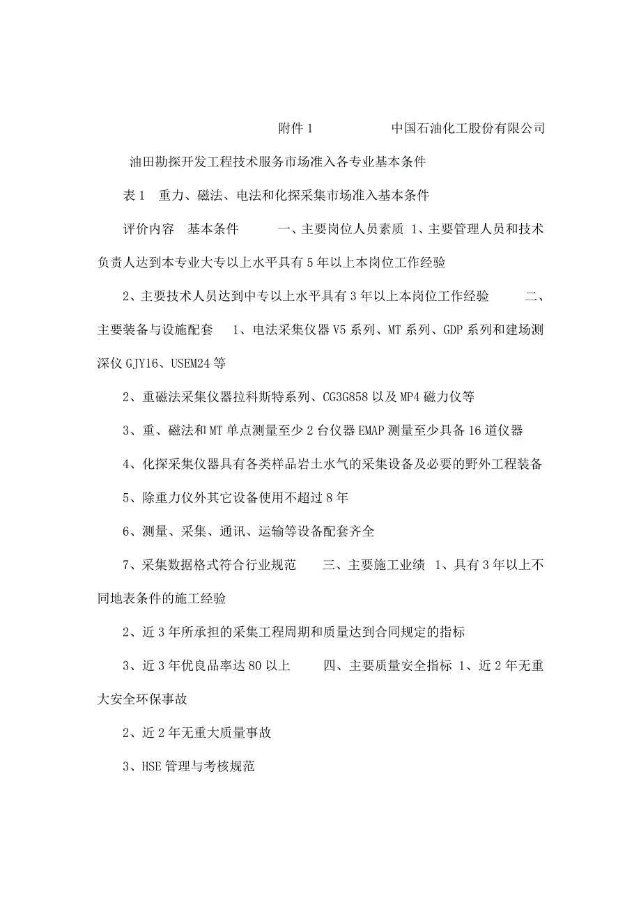 中石化油田勘探开发工程技术服务市场准入各专业基本条件（已处理）_第1页