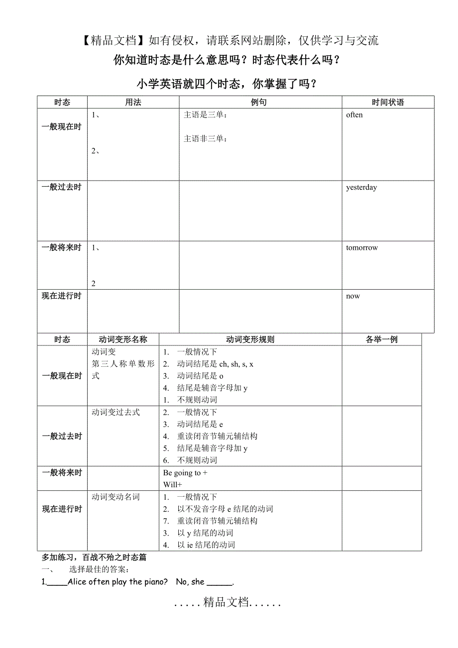 小学英语四大时态选择题附答案_第2页