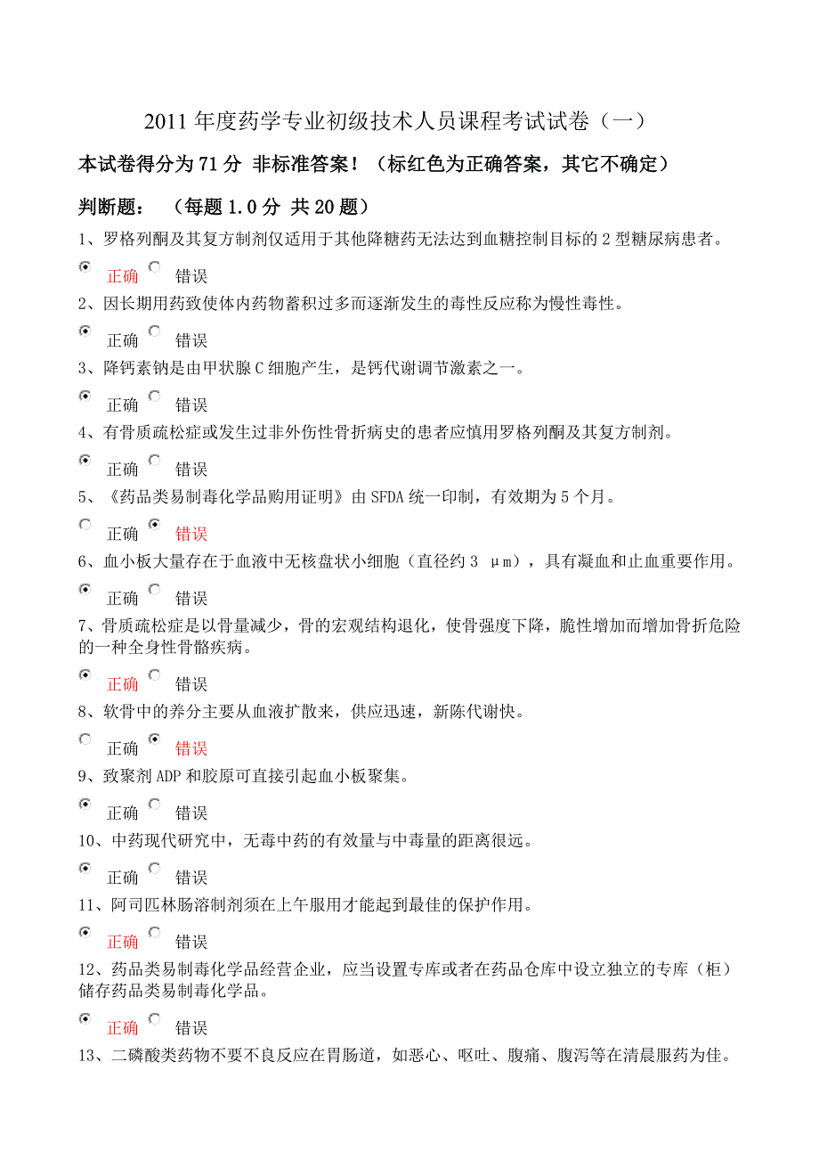 2011年药学专业初级技术人员继续教育试题及答案一_第1页