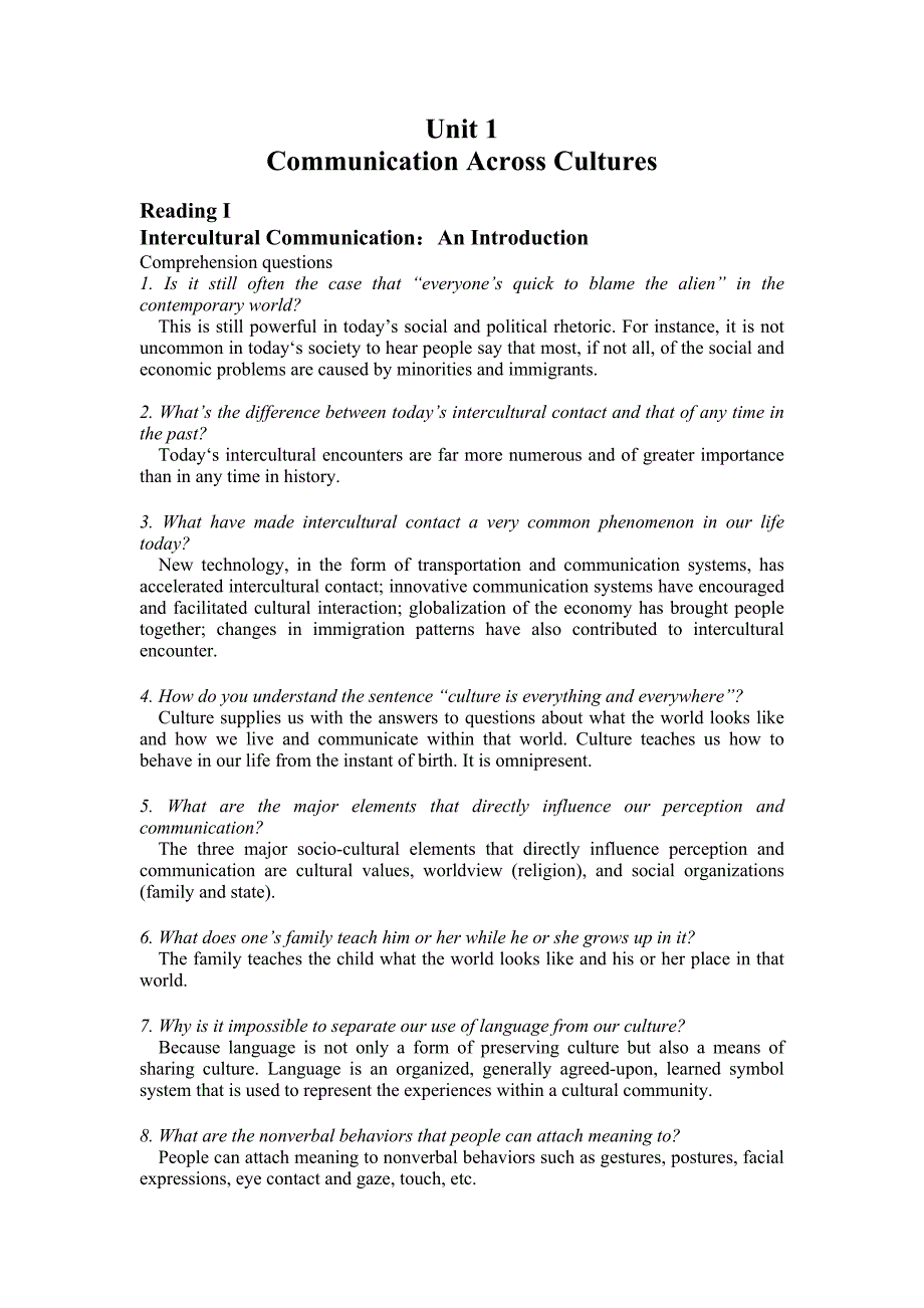 (完整版)新编跨文化交际英语教程-参考答案Unit1.doc_第1页