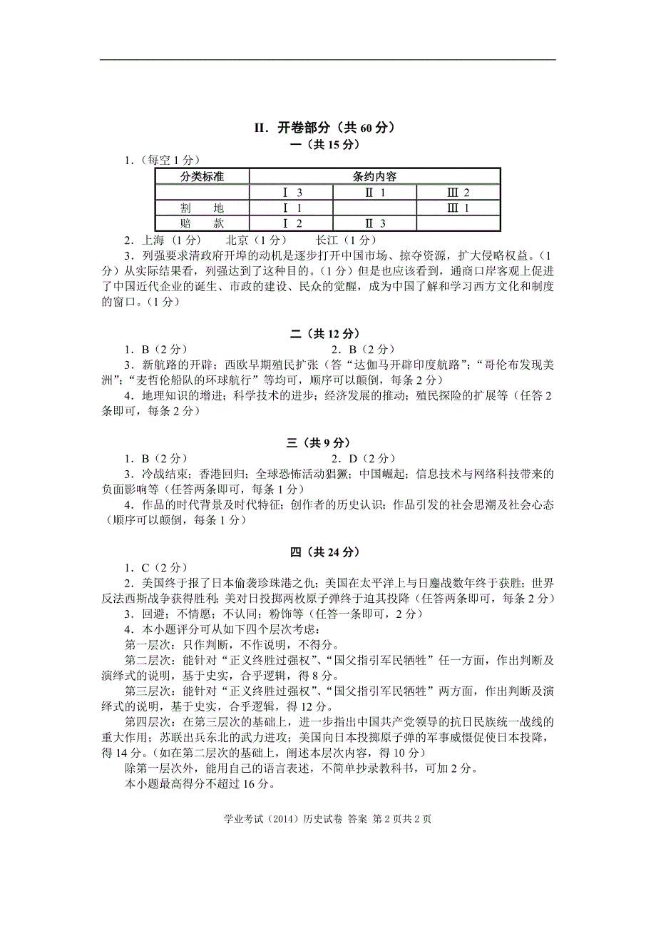 2014初中历史学业水平考试参考答案及评分标准_第2页