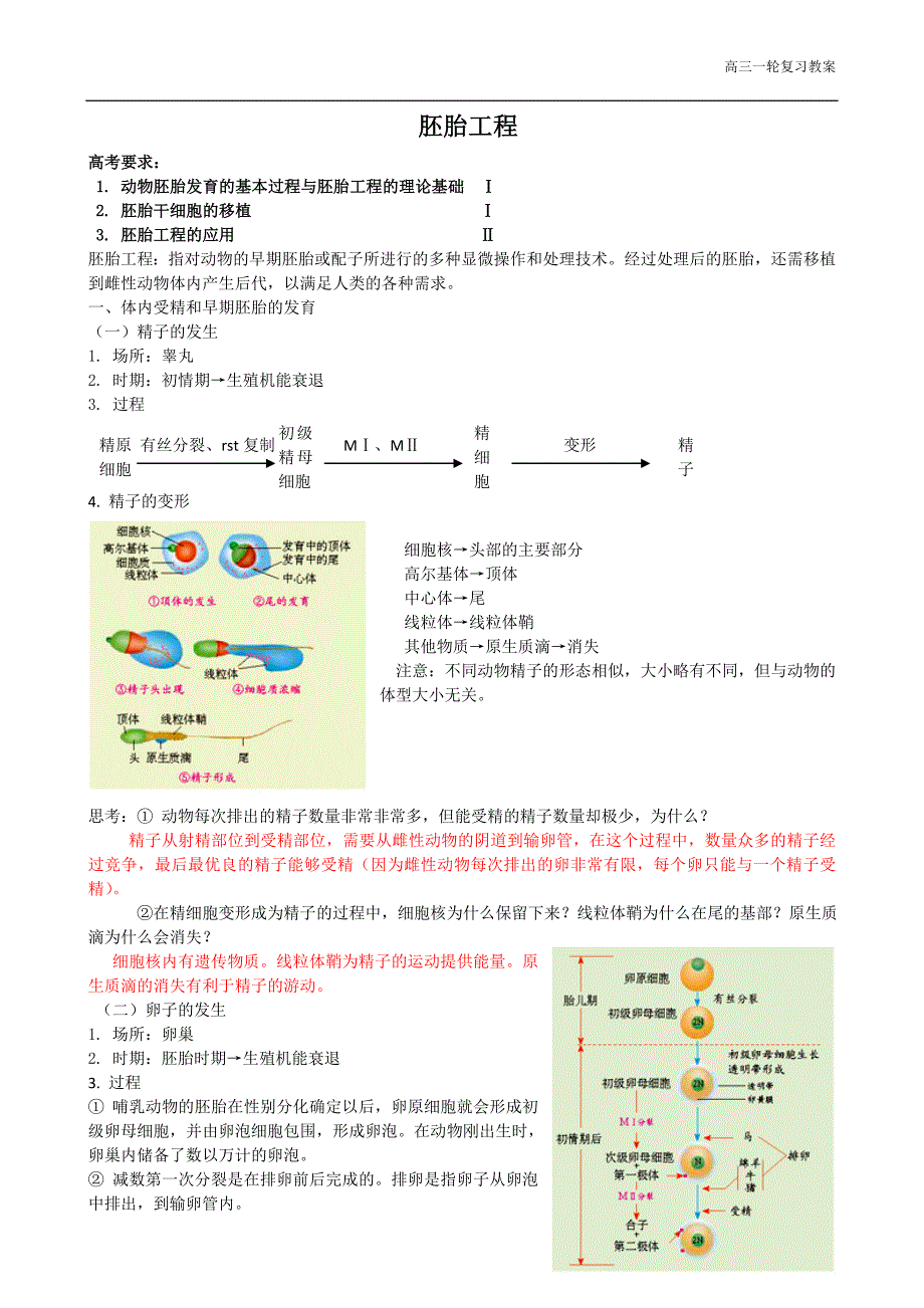 高三一轮复习生物：胚胎工程教案.doc_第1页