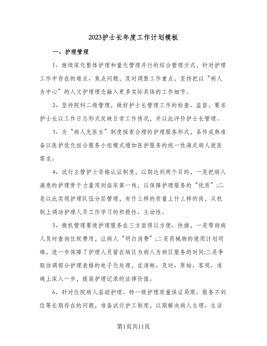 2023护士长年度工作计划模板（4篇）_第1页