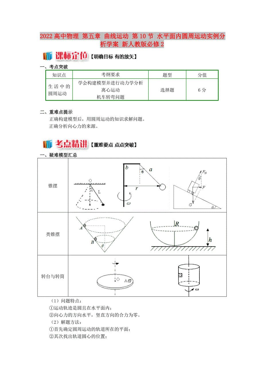 2022高中物理 第五章 曲线运动 第10节 水平面内圆周运动实例分析学案 新人教版必修2_第1页