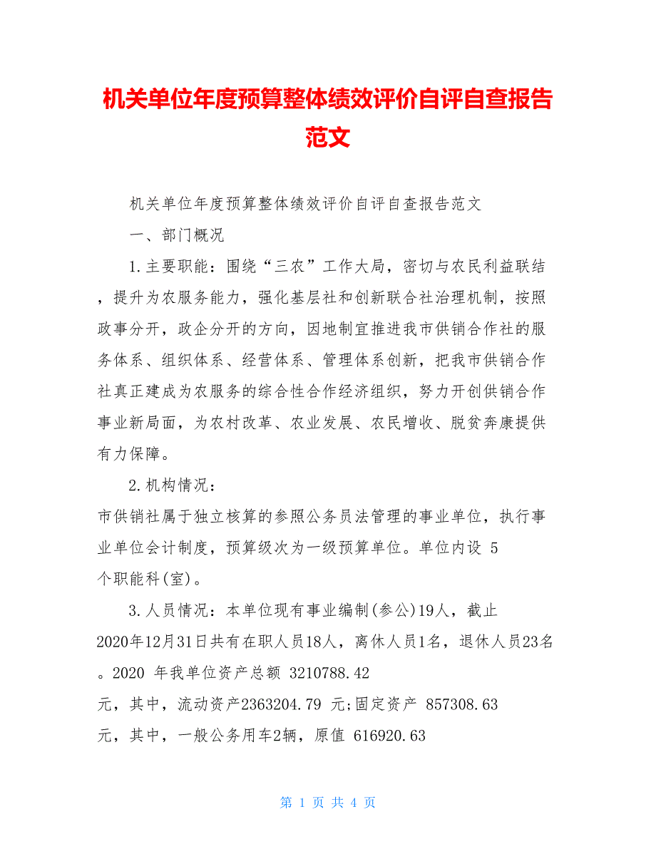 机关单位年度预算整体绩效评价自评自查报告范文_第1页