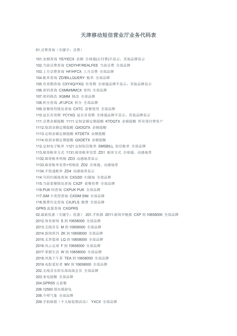 天津移动短信营业厅业务代码表完整版.doc_第1页