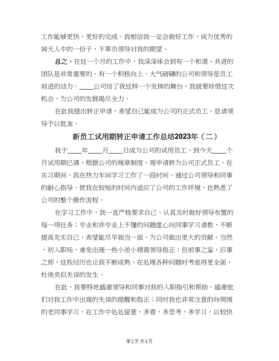 新员工试用期转正申请工作总结2023年（3篇）_第2页