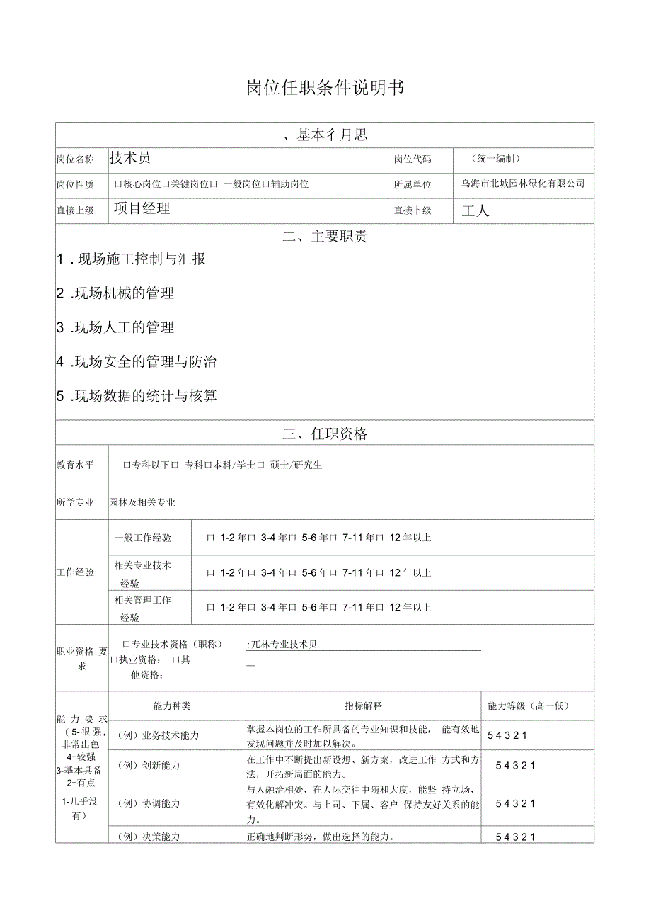 2015年任职条件说明书(模本)技术员_第1页