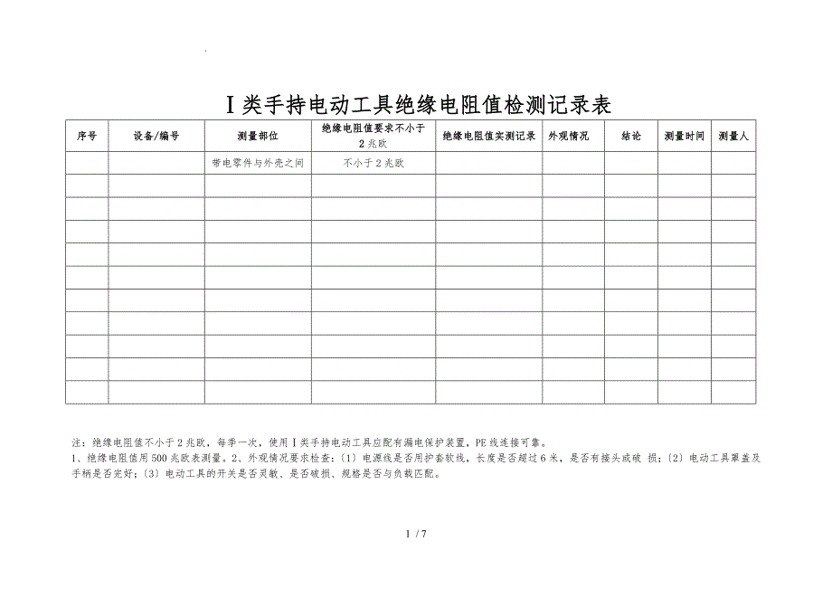 Ⅰ类手持电动工具绝缘电阻值检测记录表_第1页