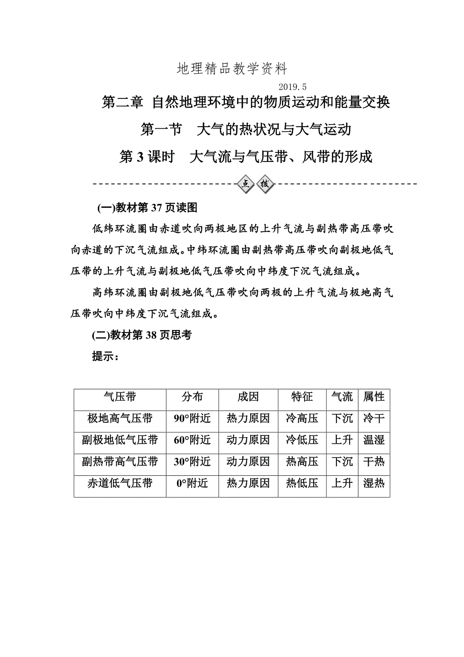 精品中图版地理必修一配套练习：第二章第一节第3课时大气流与气压带、风带的形成 Word版含解析_第1页