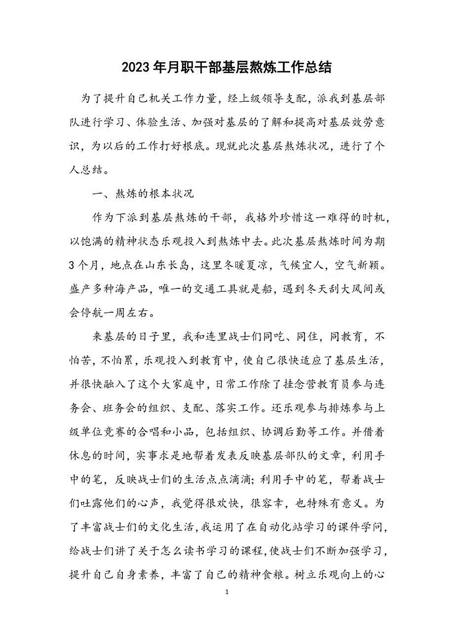 2023年代职干部基层锻炼工作总结.DOCX_第1页