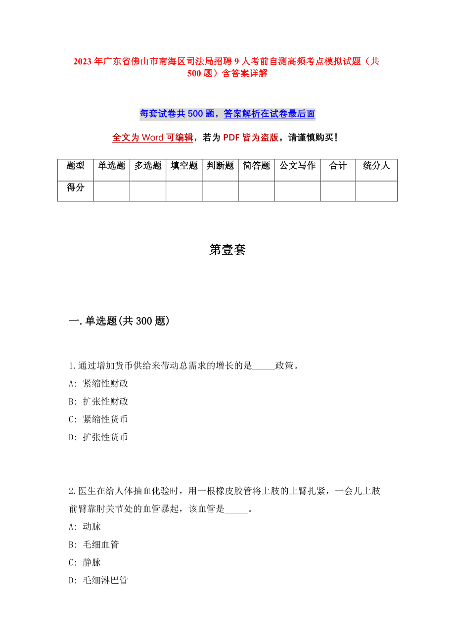 2023年广东省佛山市南海区司法局招聘9人考前自测高频考点模拟试题（共500题）含答案详解_第1页