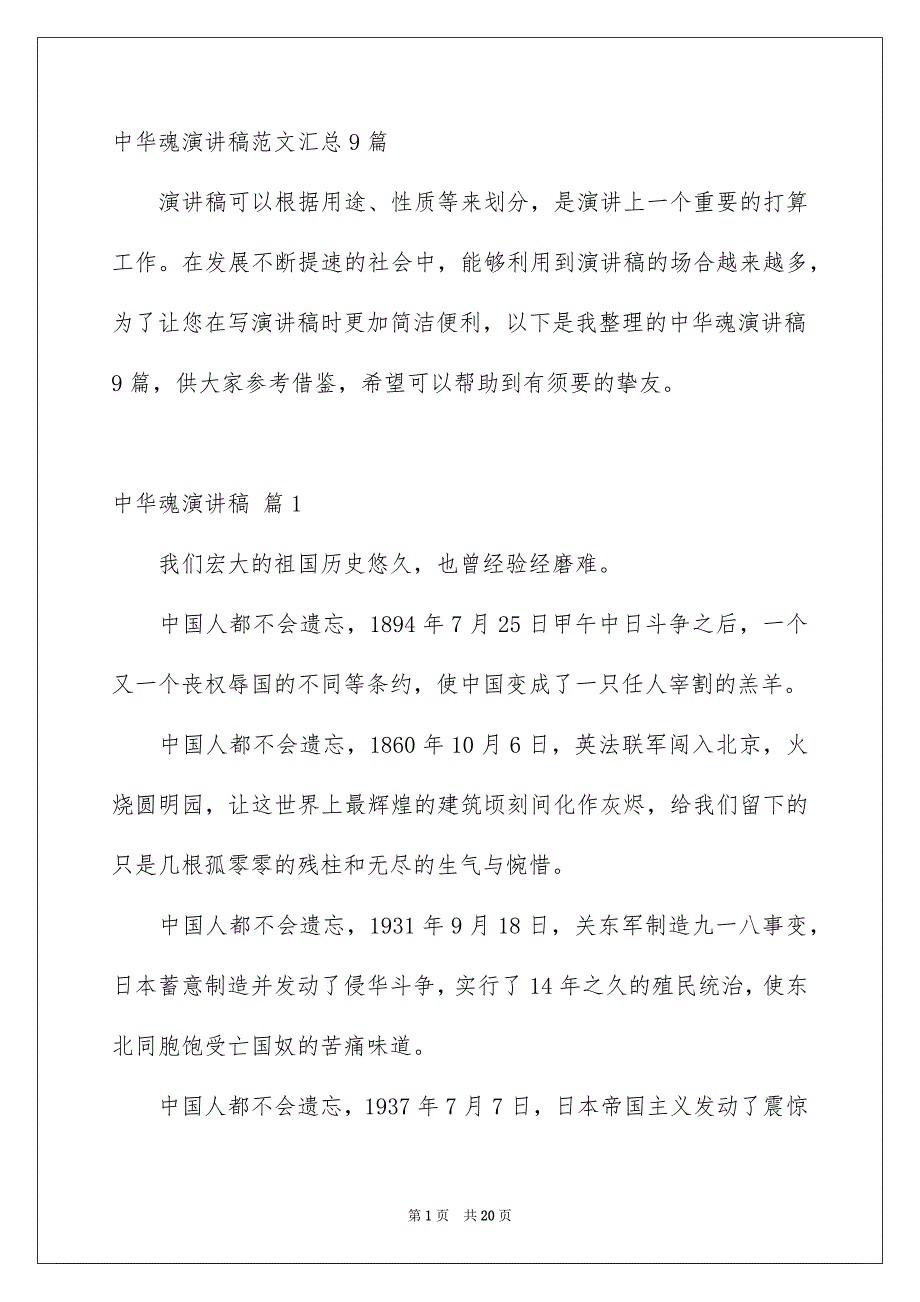 中华魂演讲稿范文汇总9篇_第1页