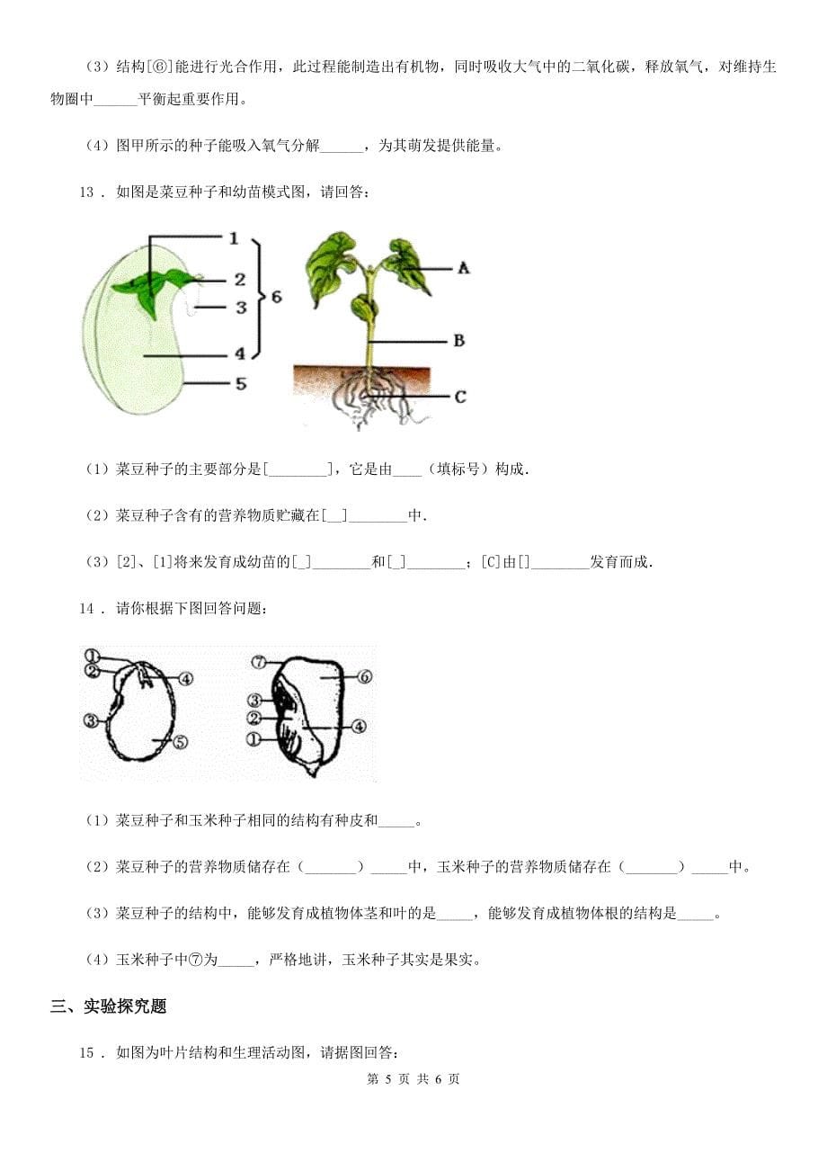 郑州市2019年生物八年级上册《4.1.6芽的类型和发育》测试题C卷_第5页