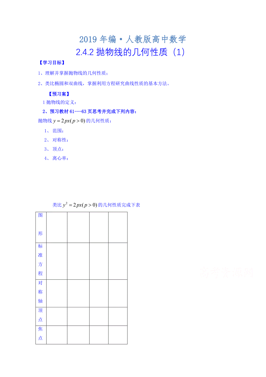 人教版 高中数学【选修 21】数学导学案：2.4.2抛物线的几何性质1_第1页