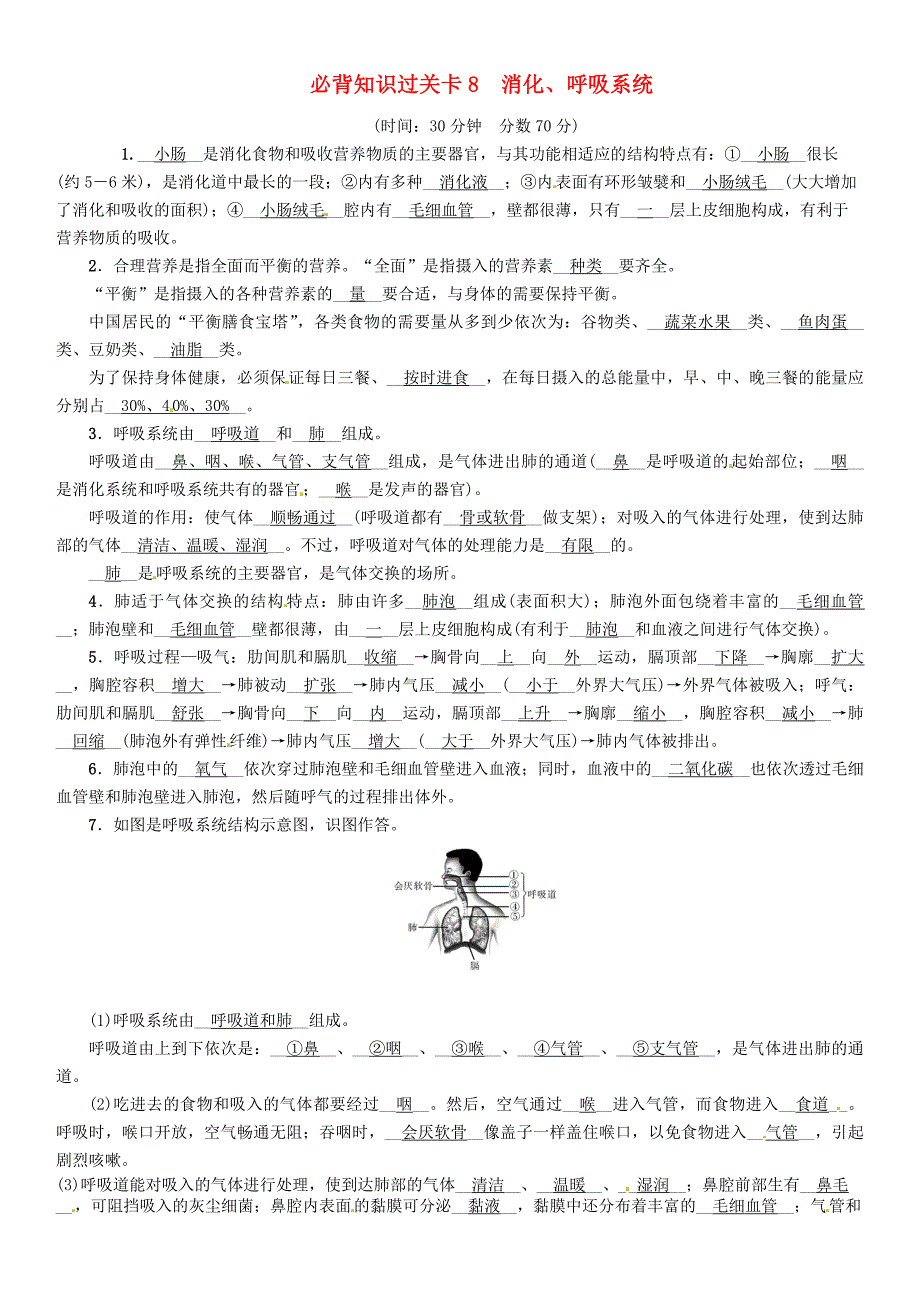 （襄阳专版）2018年中考生物总复习 必背知识过关卡 8 消化、呼吸系统_第1页