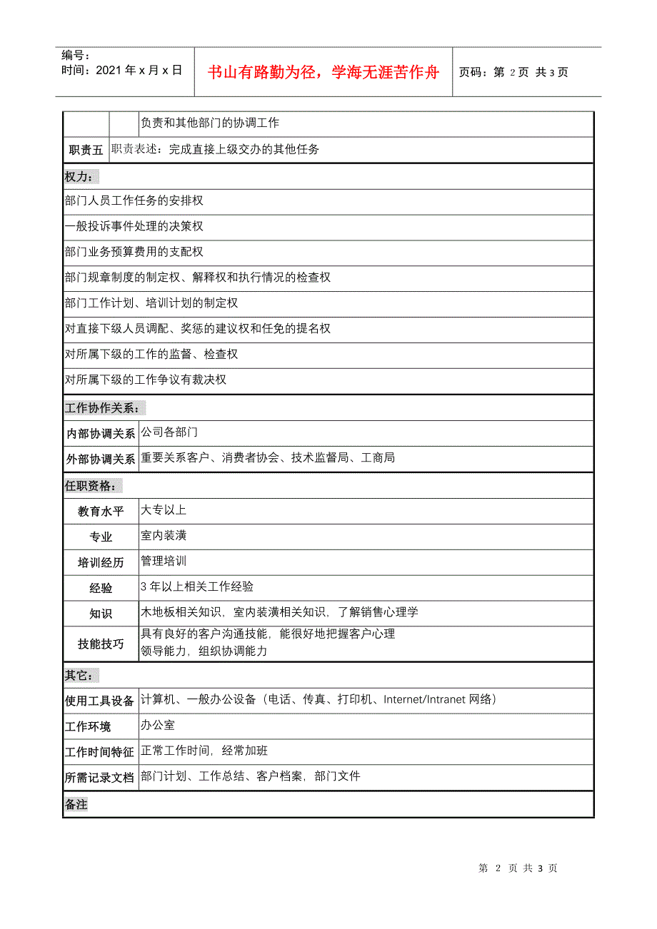 建材行业-售后服务部部长岗位说明书_第2页