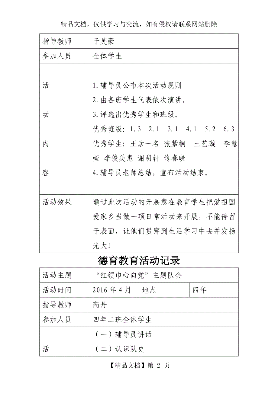 小学德育教育活动记录_第2页