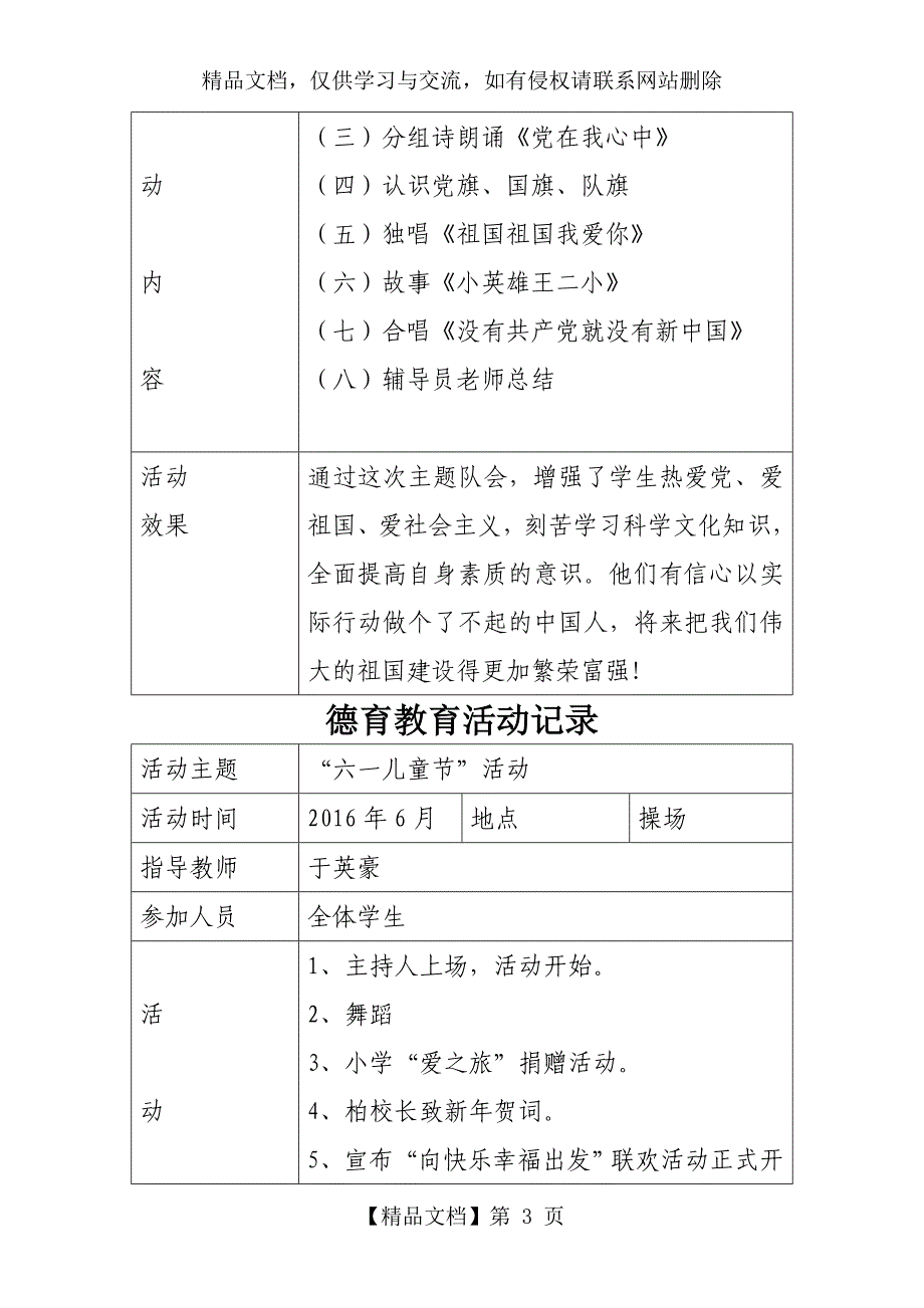 小学德育教育活动记录_第3页